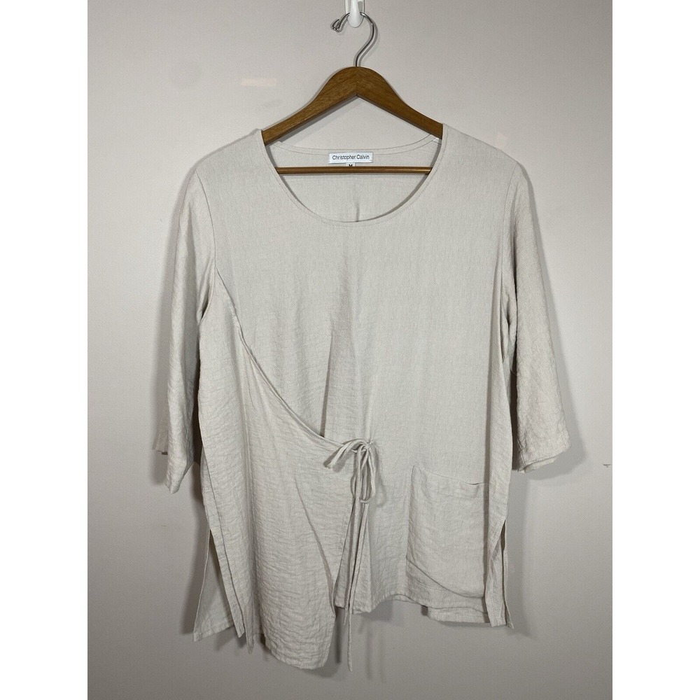 Christopher Calvin Top Womens Beige 3/4‎ Sleeve Asymmetrical Tunic Lagenlook MED